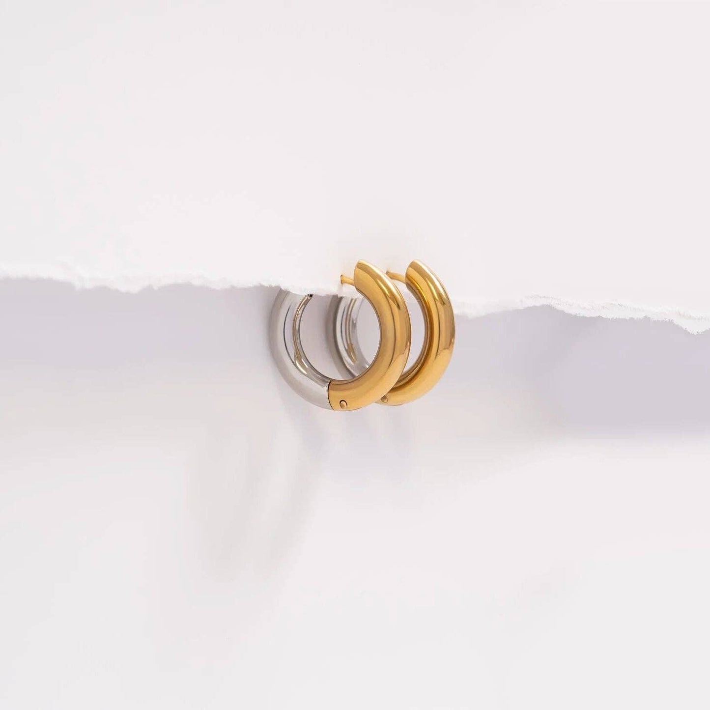 18K Gold Stainless Steel Mixed Metal Round Huggie Earrings: Mixed Metal