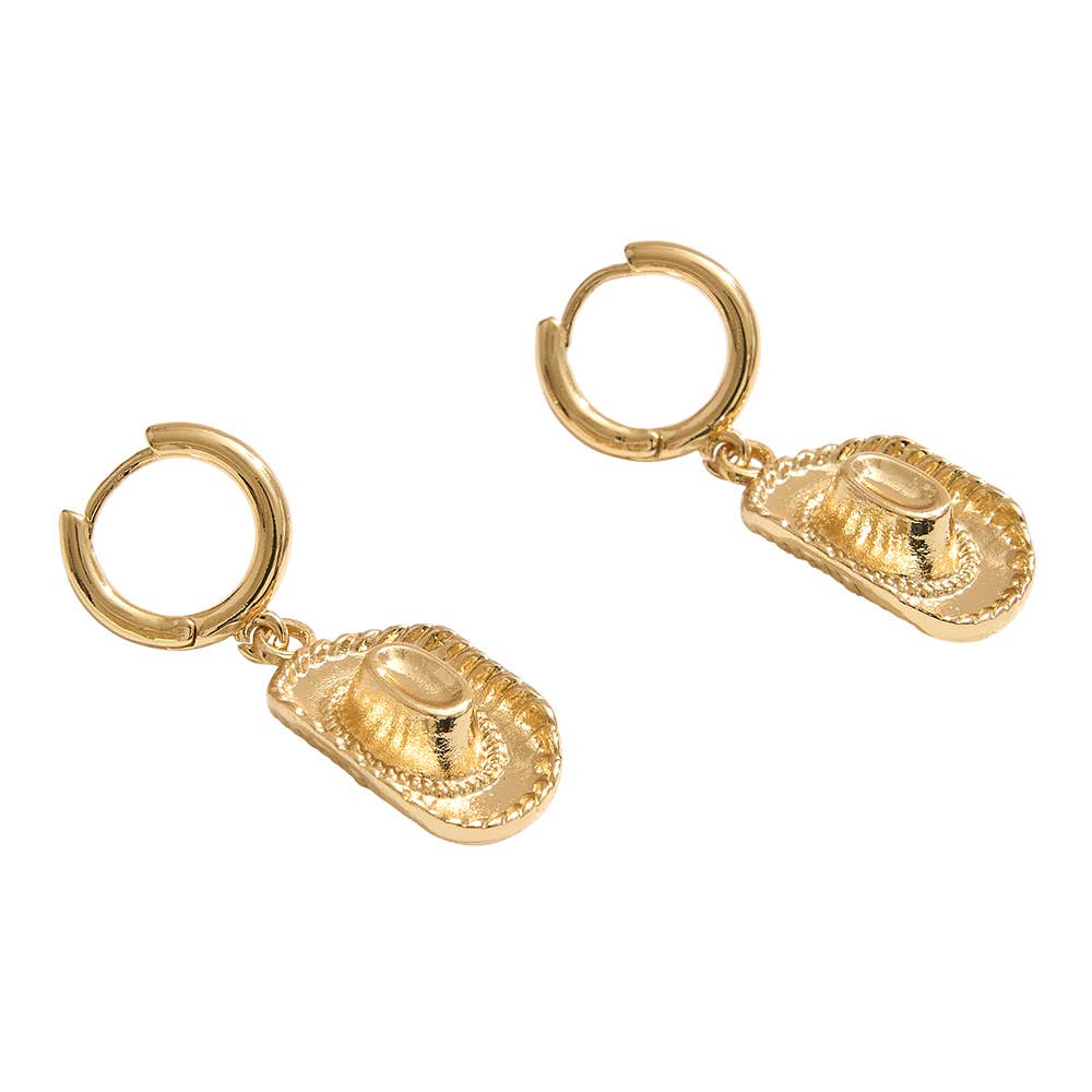 14K Gold Dipped Western Cowboy Hat Dangle Huggie Hoop Earrings: Gold