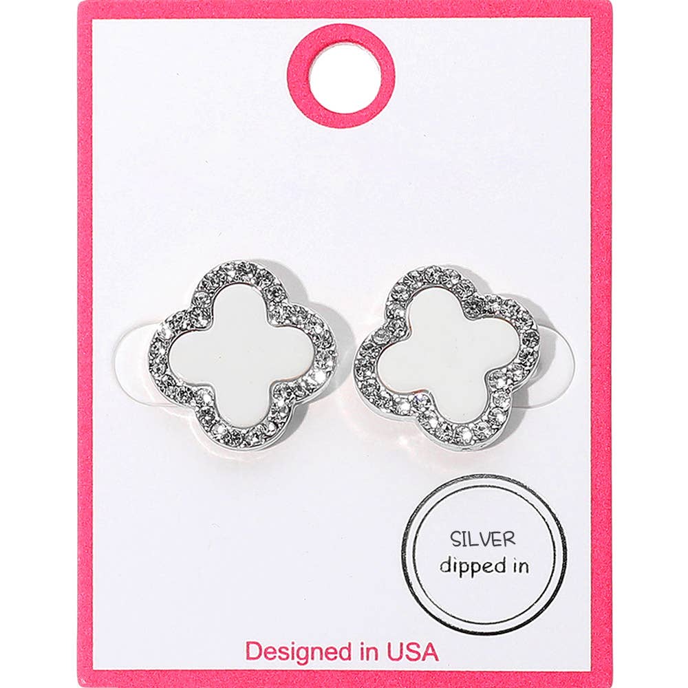 Gold Dipped Rhinestone Rim Quatrefoil Stud Earrings: Gold,Red