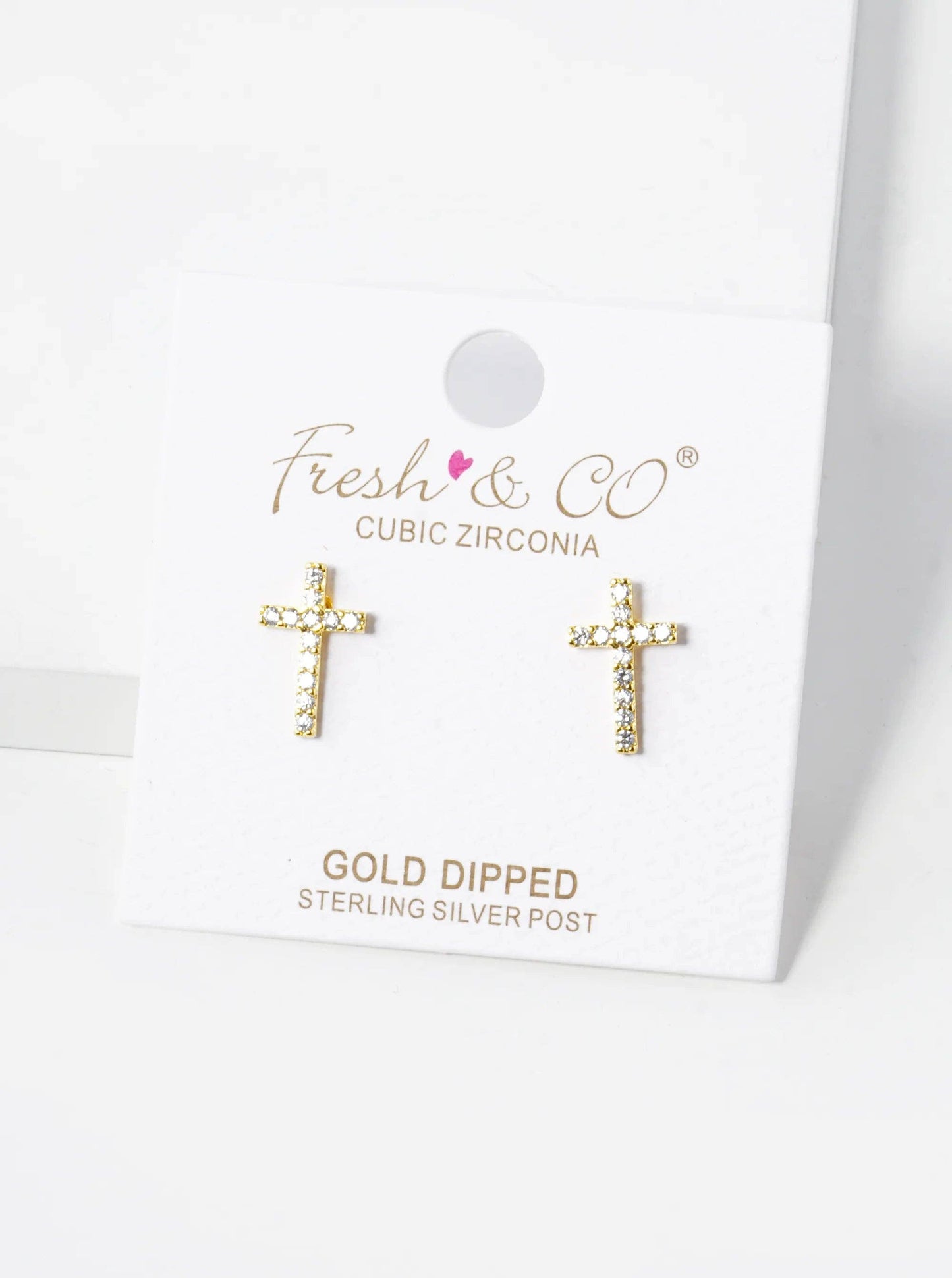 18K Gold Dipped Cubic Zirconia Pave Cross Stud Earrings: Rhodium