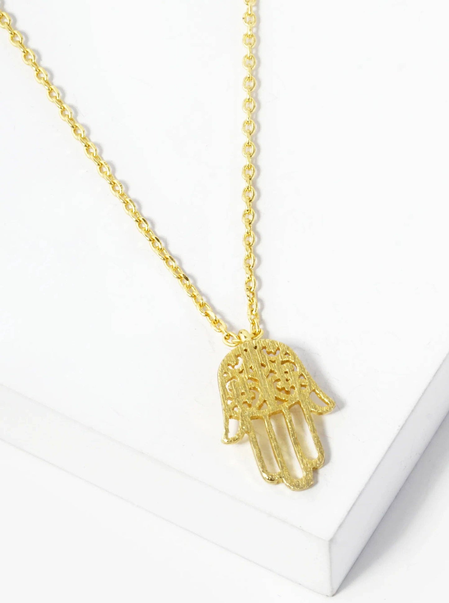 18K Gold Dipped Filigree Hamsa Pendant Necklace: Rhodium