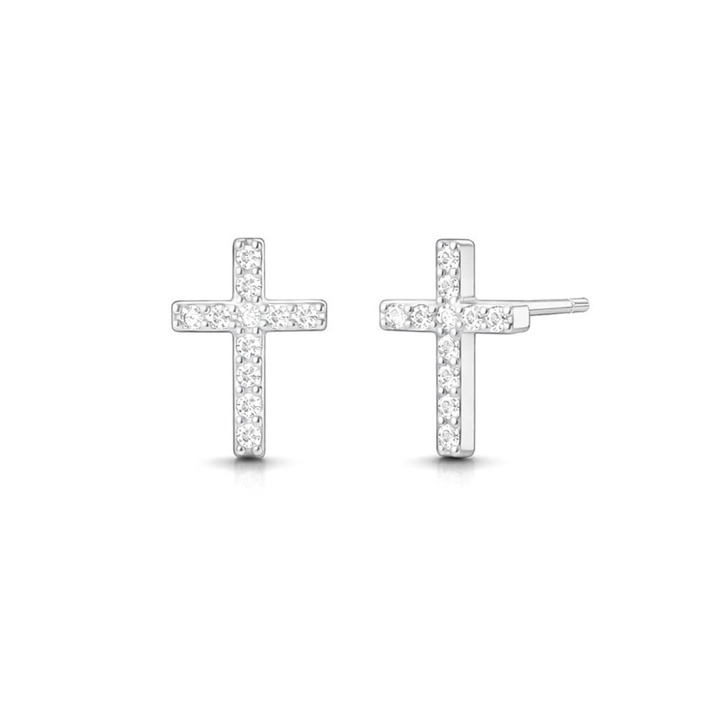 14K Gold Dipped CZ Pave Mini Cross Stud Earrings: Silver,White Gold
