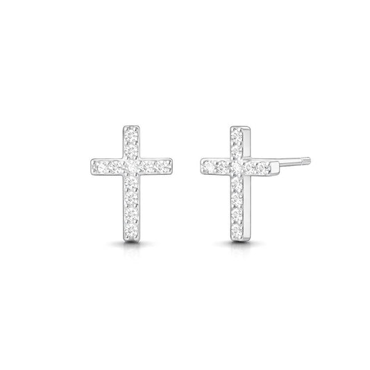 14K Gold Dipped CZ Pave Mini Cross Stud Earrings: Silver,White Gold