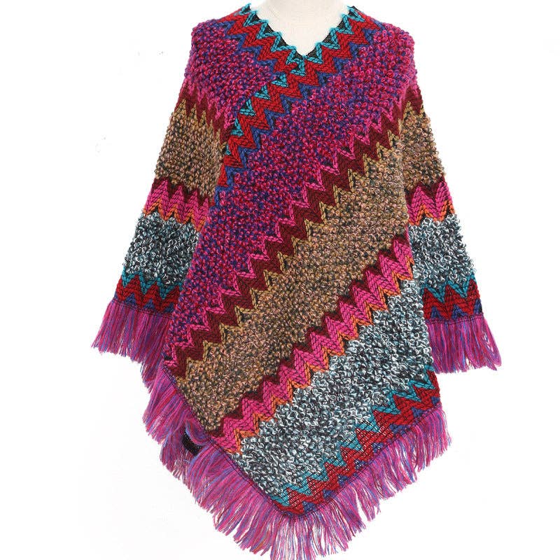 Knitted Tassel Shawl S0097: Rose Red
