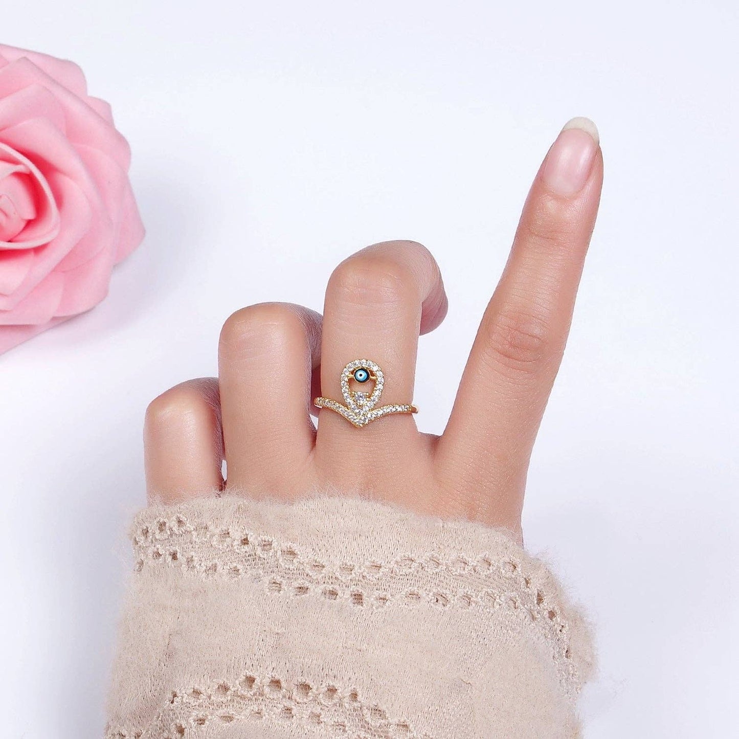 14K Gold Filled Evil Eye Enamel Open Teardrop CZ Ring O598