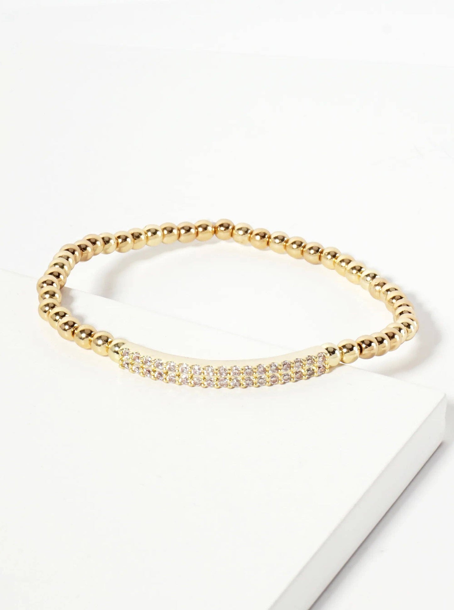 18K-Gold-Dipped Polished Brass 4mm Beaded Stretch Bracelet With CZ Pave-Set Curved Bar Accent: Gold