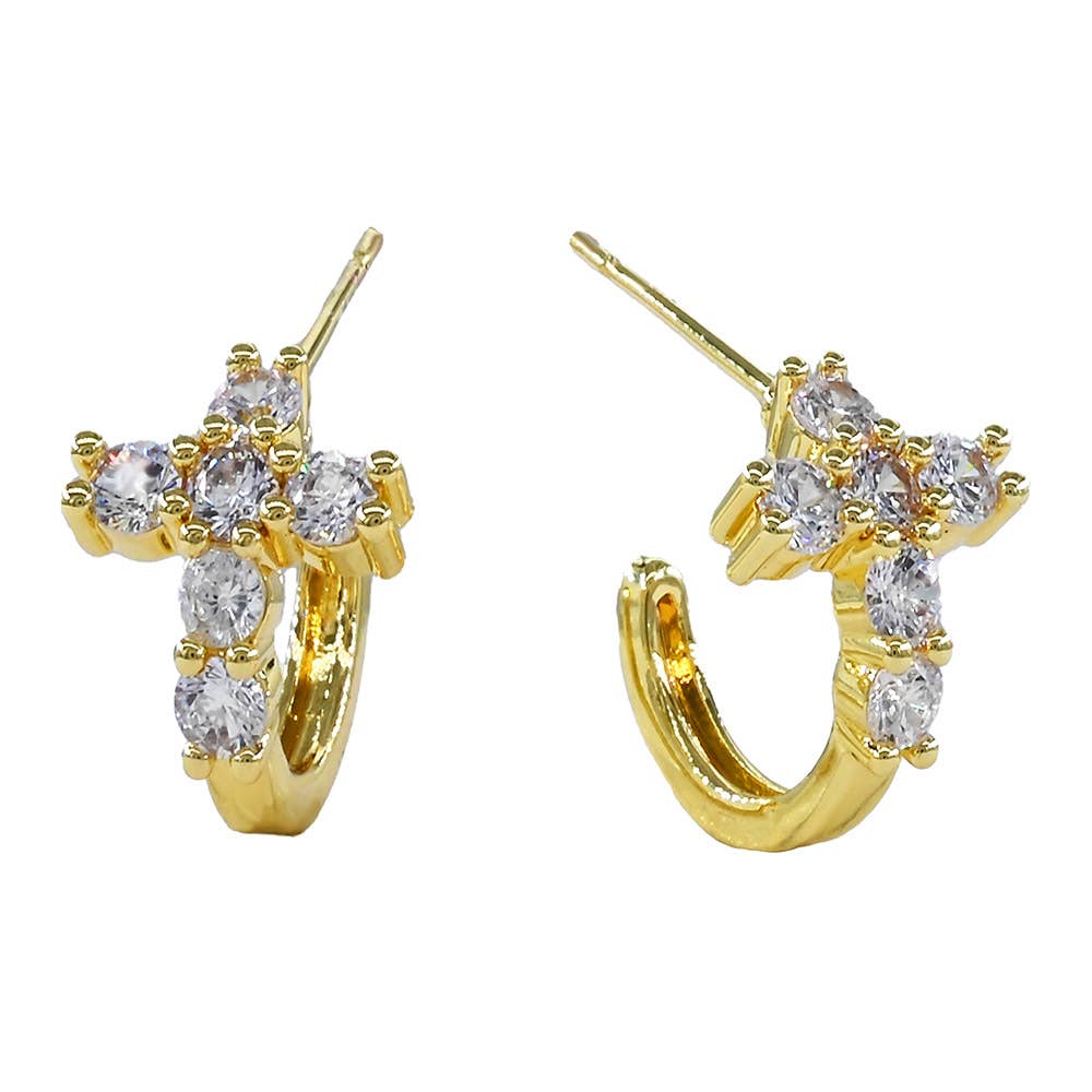Gold Dipped CZ Cluster Cross Mini Open Hoop Earrings: Gold