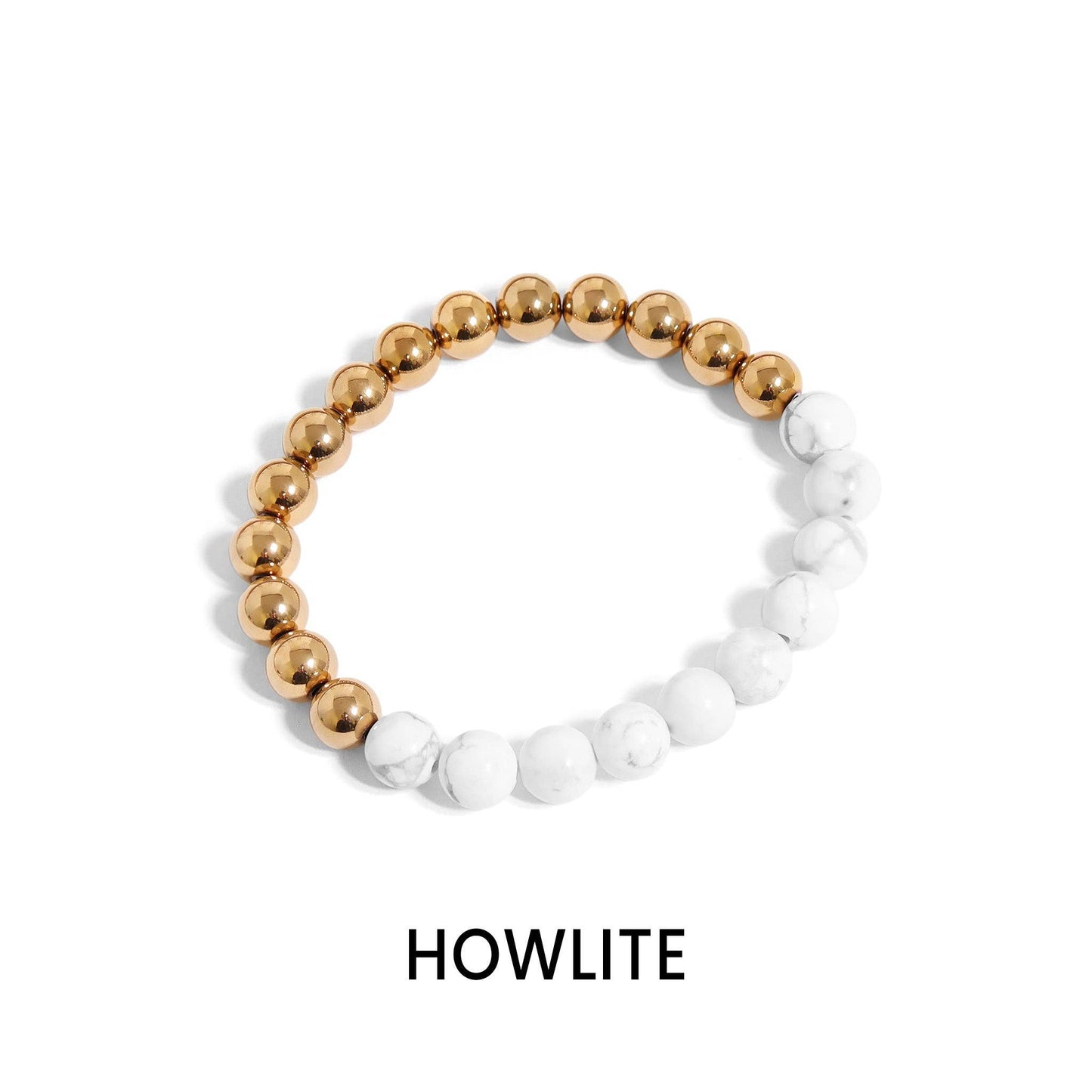 18K Gold PVD Stainless Steel Semi Precious Beaded Stretch Bracelets / SBB0355: Stainless / Turquoise
