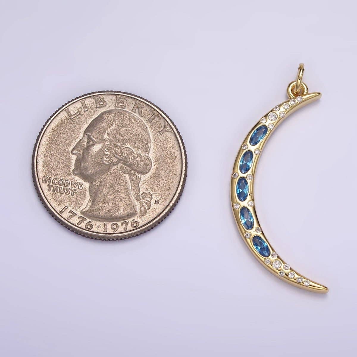 24K Gold Filled Clear, Blue CZ Dotted Crescent Moon Charm | M107: Blue