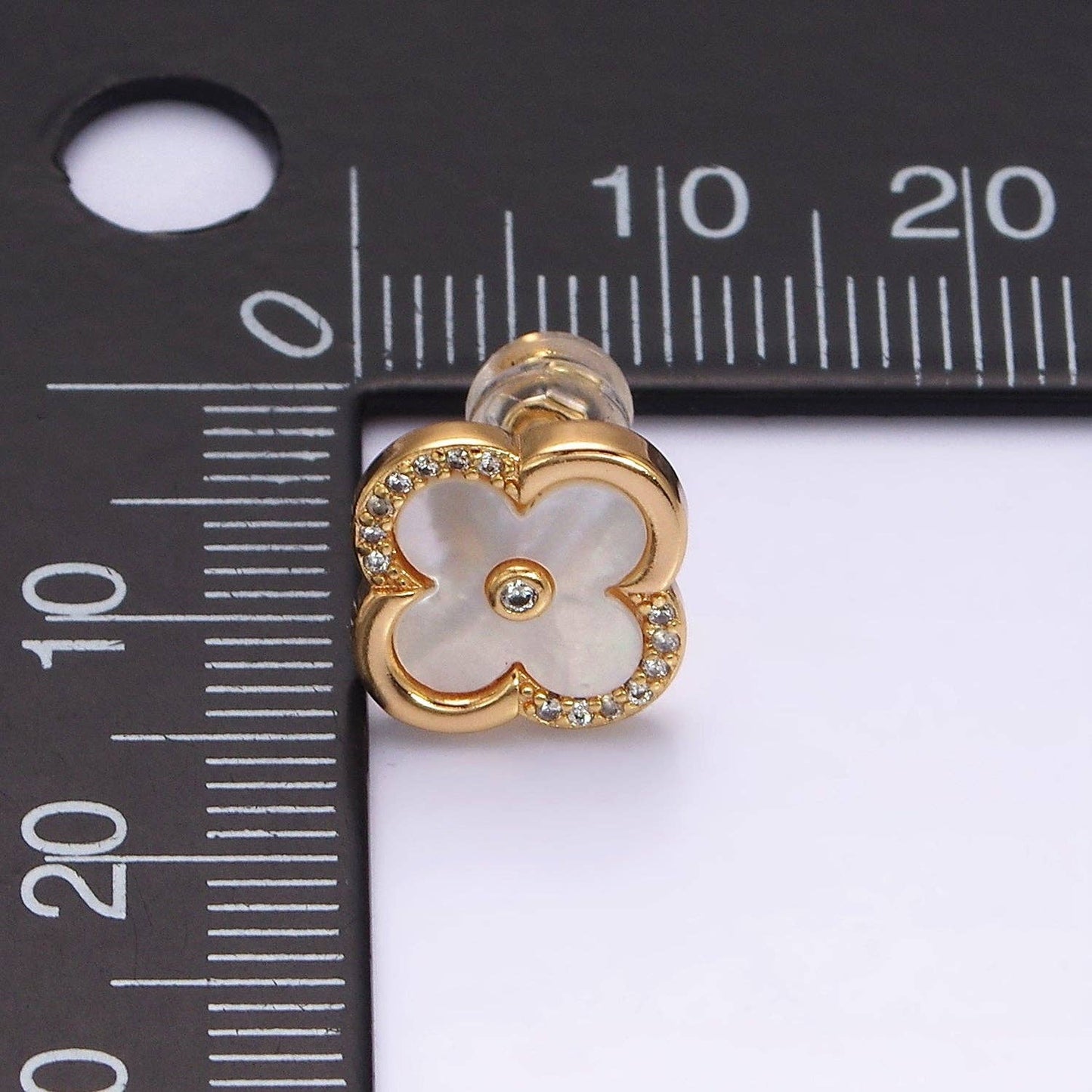 16K Gold Filled 12mm Shell Pearl Quatrefoil Clover Micro Paved CZ Stud Earrings in Gold & Silver | AB1535 AB1536: Gold