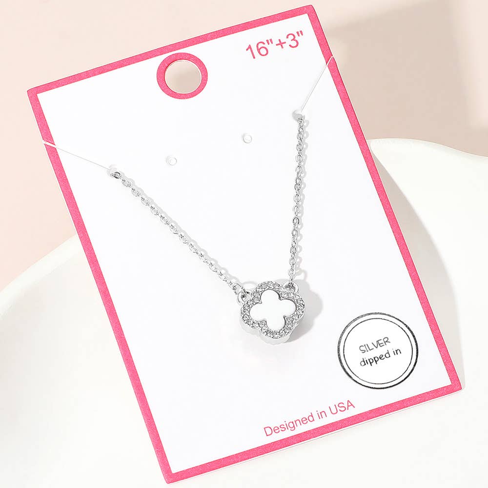 Gold Dipped Rhinestone Trim Quatrefoil Pendant Necklace: Rhodium,White