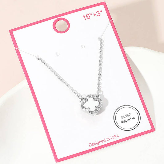 Gold Dipped Rhinestone Trim Quatrefoil Pendant Necklace: Rhodium,White