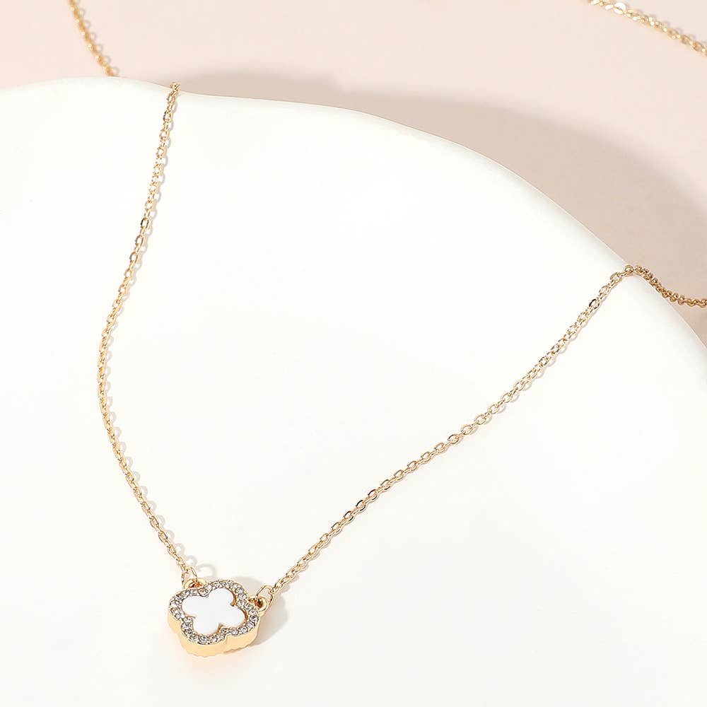 Gold Dipped Rhinestone Trim Quatrefoil Pendant Necklace: Rhodium,White