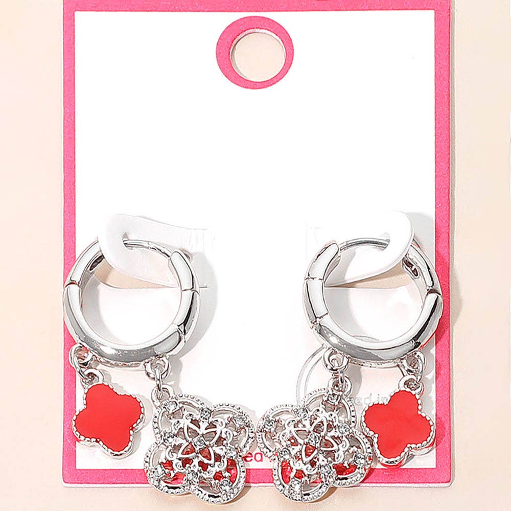 Gold Dipped Quatrefoil Huggie Hoop Earrings: Gold,Red