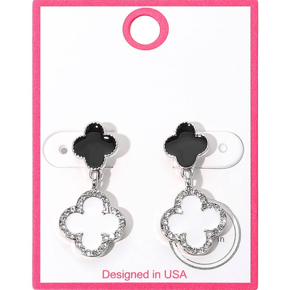Rhinestone Accented Quatrefoil Drop Earrings: Gold Black Red