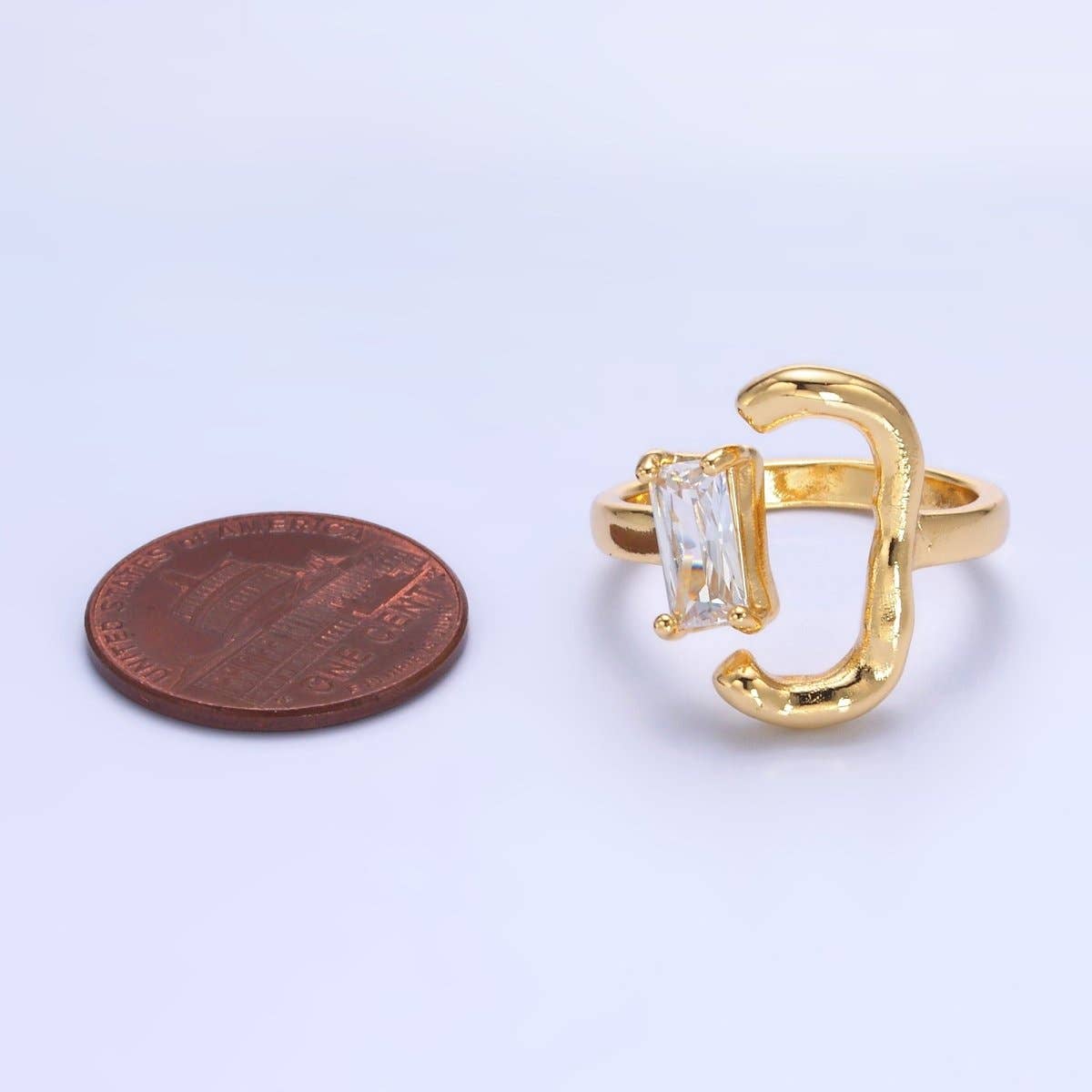 24K Gold Filled Baguette Curved Geometric Open Claw Ring | O838