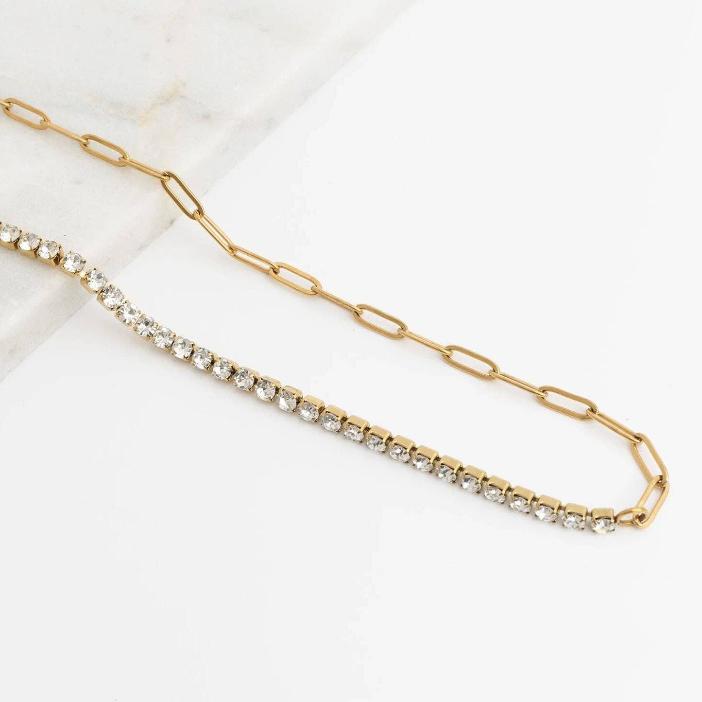Paperclip Tennis Chain Split Necklace: Gold