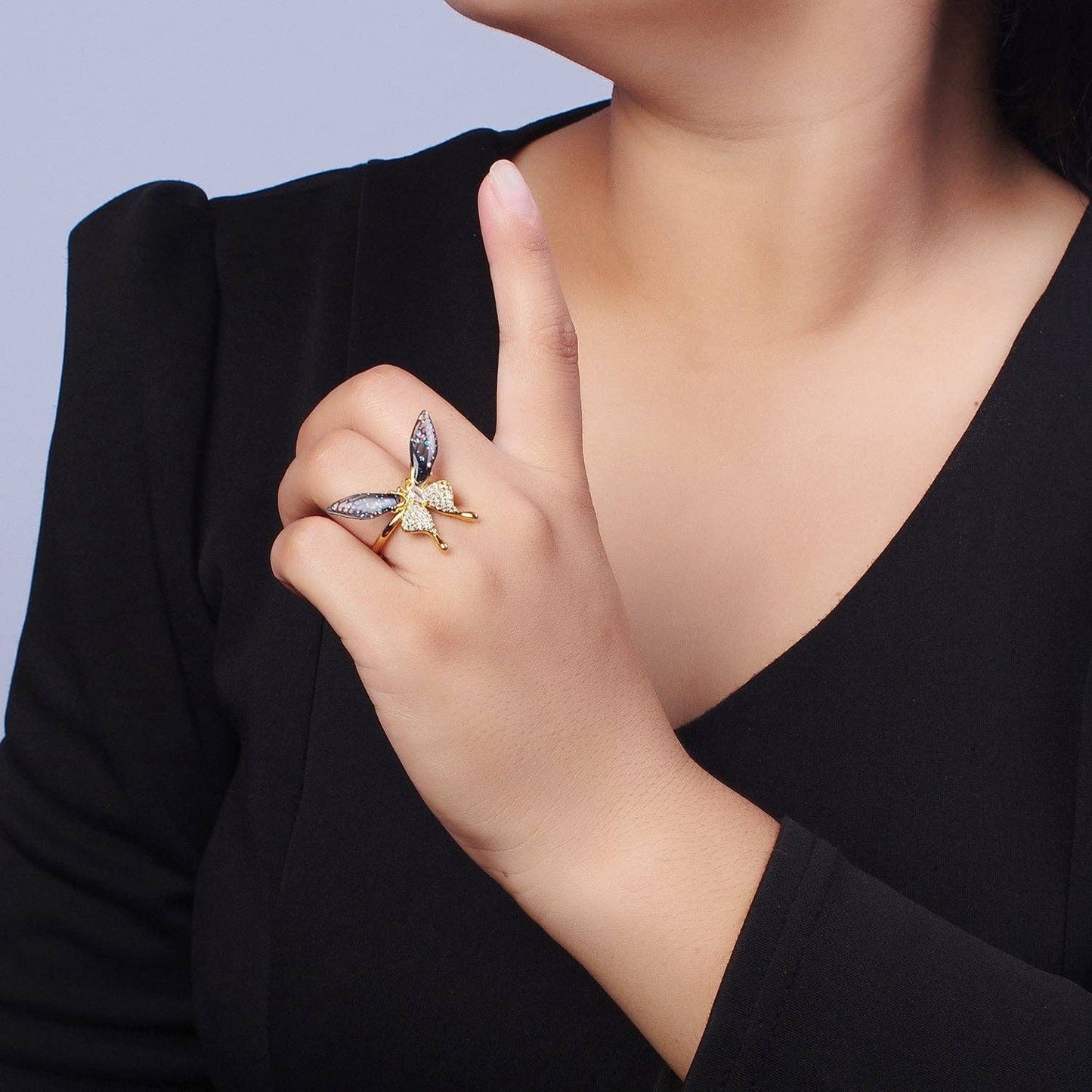 Fuchsia, Blue Micro Paved Butterfly Wings Teardrop Insect Gold Rings | Y400 Y401: Blue