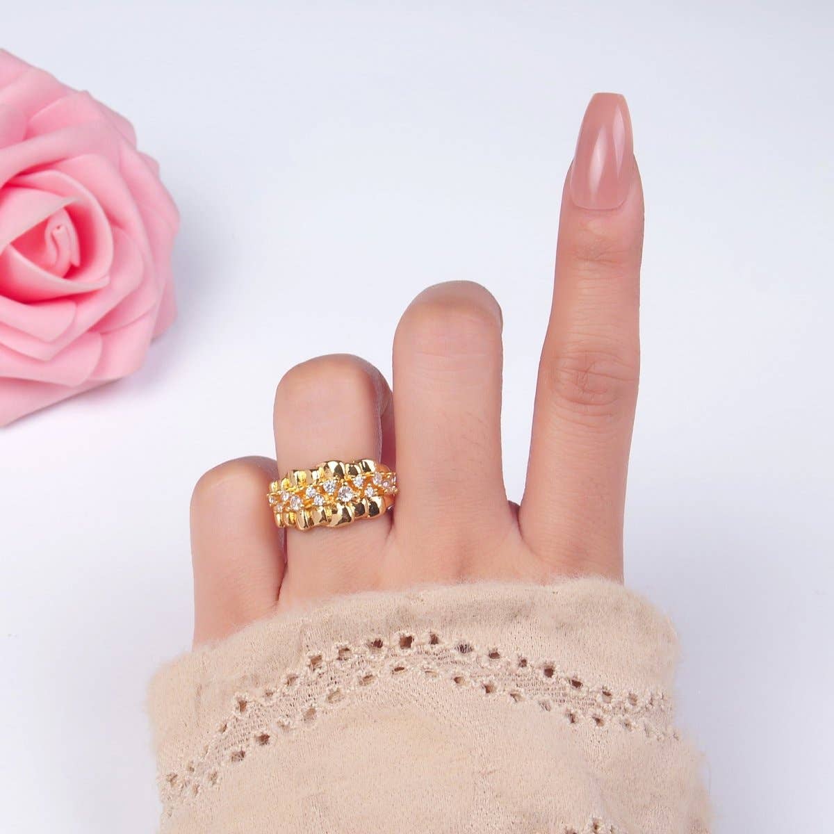 24K Gold Filled Micro Paved CZ Foil Fold Ring in Gold & Silver | O443 O444: Gold