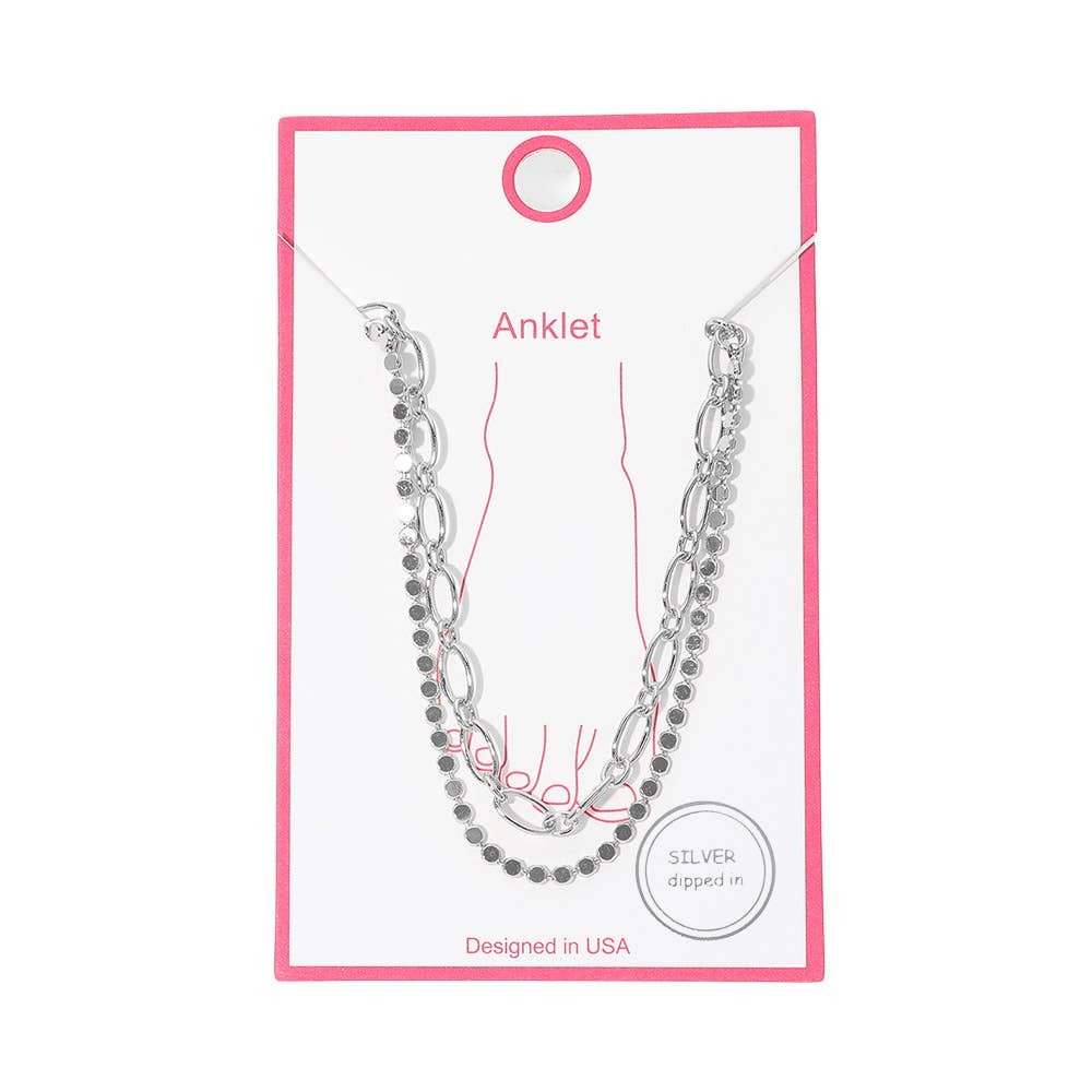 Gold Dipped Disc Paperclip Layered Chain Anklet: Gold
