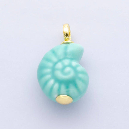 24K Gold Filled Blue, Pink Nautilus Clam Sea Shell Ceramic Drop Charm | N081: Blue