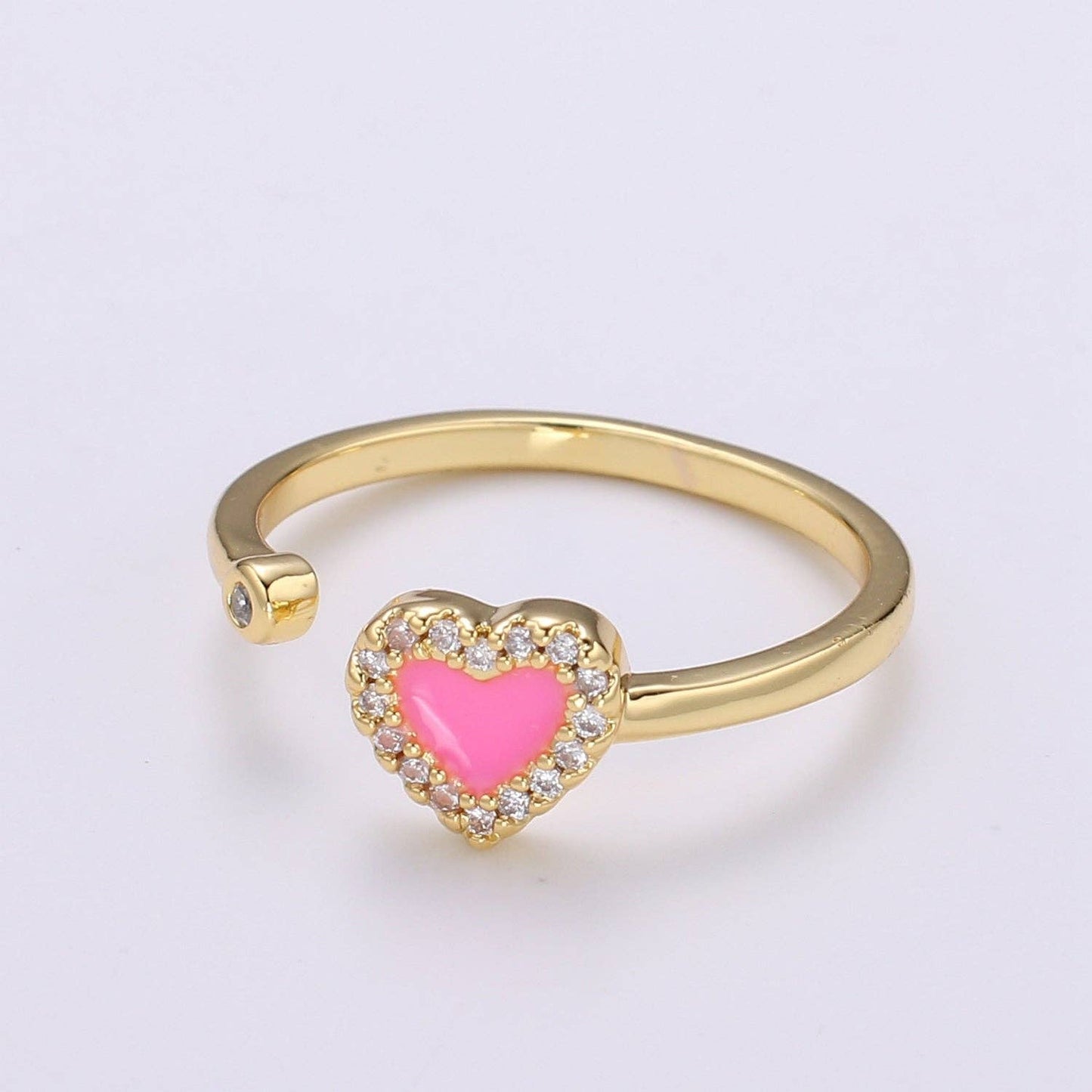 1pc 24K Gold Enamel Cubic Heart Ring, Pink Epoxy Love CZ Pendant Charm, Solitaire Cubic Zirconia Design Band For DIY Jewelry R317,318: Pink