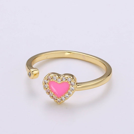 1pc 24K Gold Enamel Cubic Heart Ring, Pink Epoxy Love CZ Pendant Charm, Solitaire Cubic Zirconia Design Band For DIY Jewelry R317,318: Pink