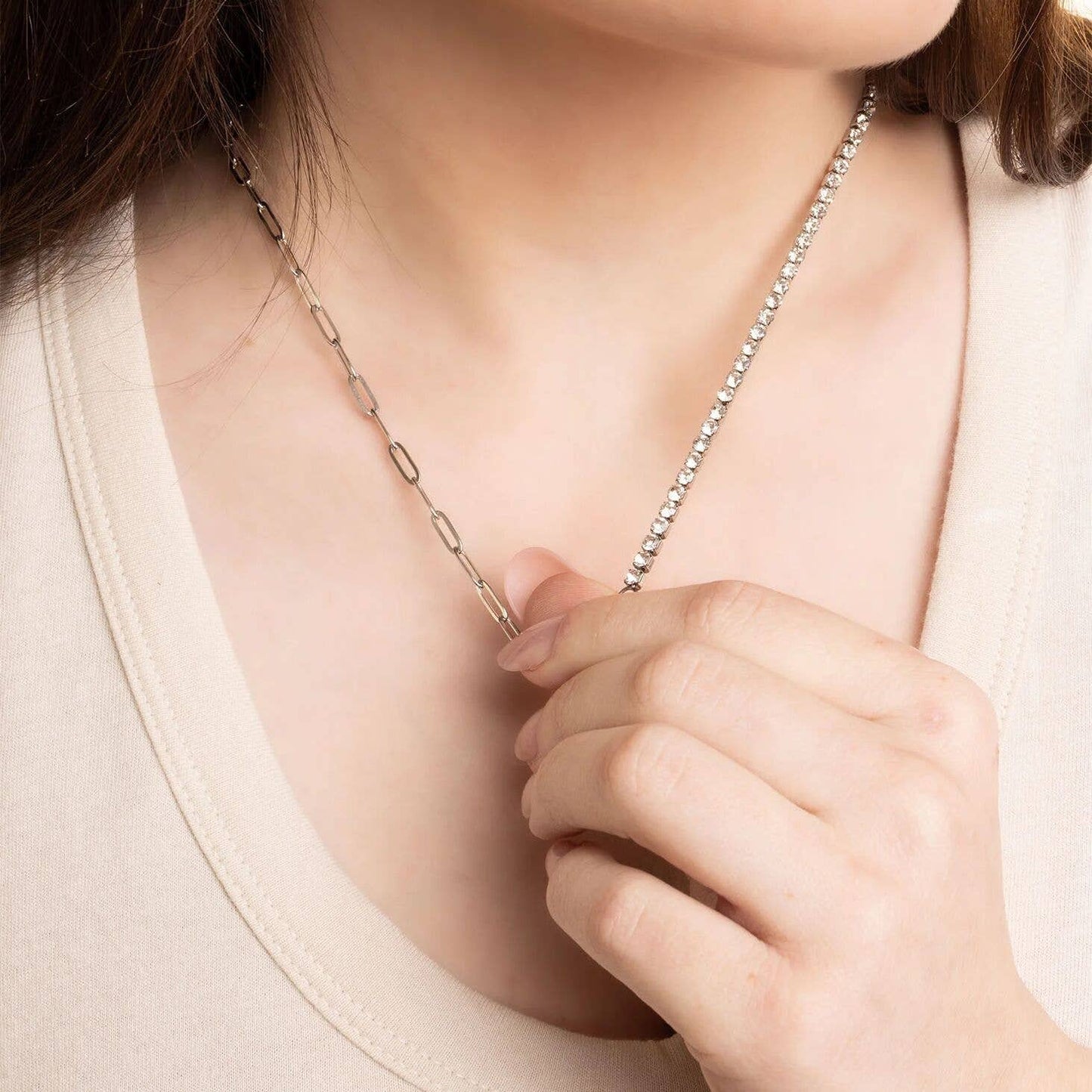 Paperclip Tennis Chain Split Necklace: Gold