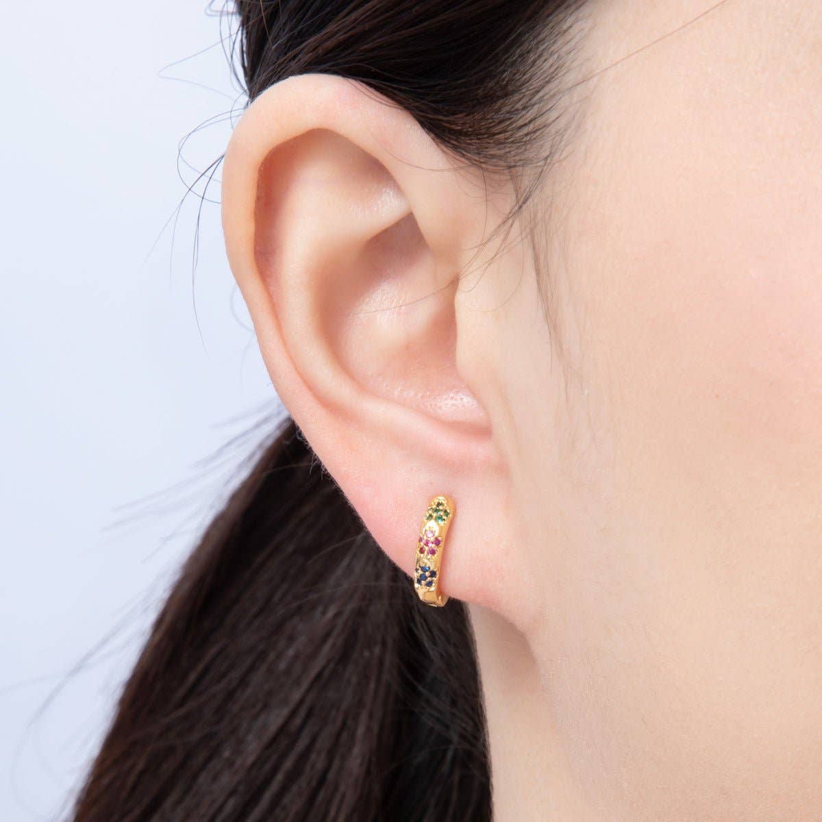 18K Gold Filled 13mm Multicolor Micro Paved CZ Flower Huggie Earrings | Earrings-00057