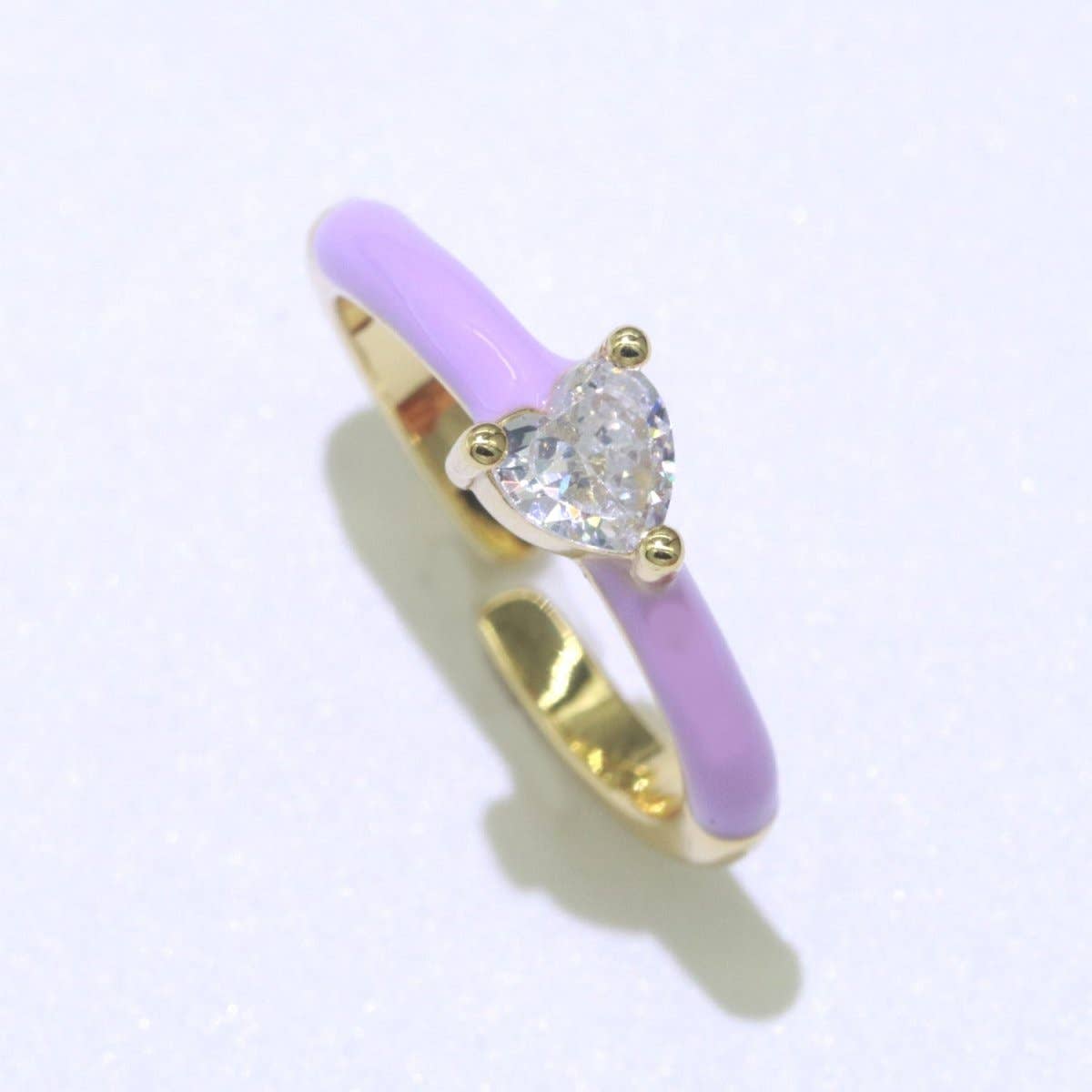 Heart Cz Ring Adjustable Gold Ring, Colorful Pastel Enamel Ring, Stackable Ring Black White Pink blue Green Ring for Women O-910~O-919: Black