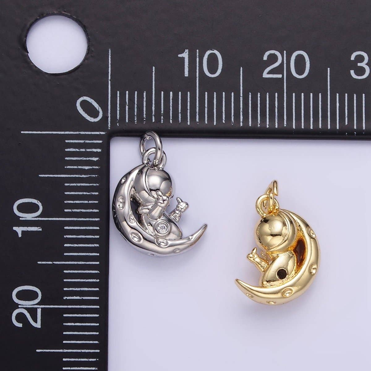 16K Gold Filled Hammered Celestial Crescent Moon Space Man Charm in Gold & Silver | E389: Silver