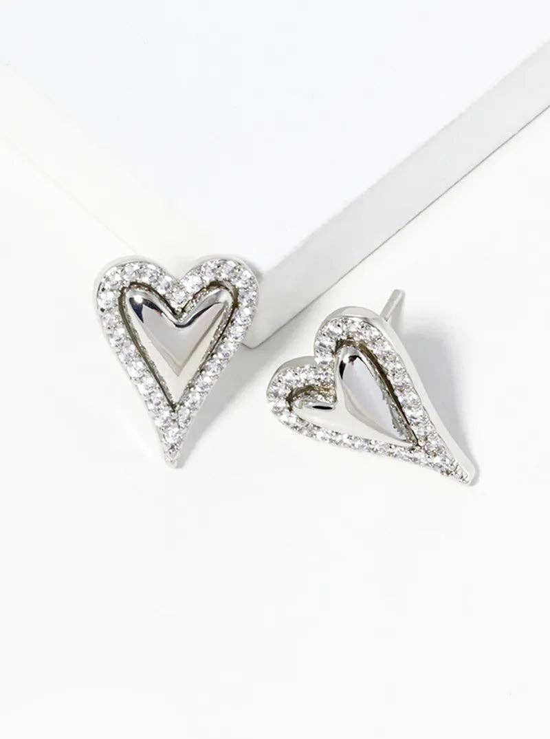 18K Gold Dipped Cz Pave Heart Post Stud Earrings: Rhodium