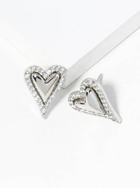 18K Gold Dipped Cz Pave Heart Post Stud Earrings: Rhodium