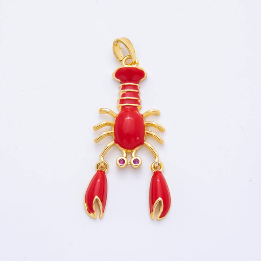 18K Gold Filled 39mm Red, Purple, Green Enamel CZ Crustacean Lobster Pendant | AH798 AH799: Red