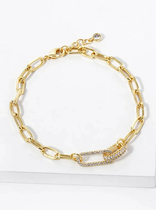 White Gold Dipped CZ Pave Link Chain Bracelet: Gold