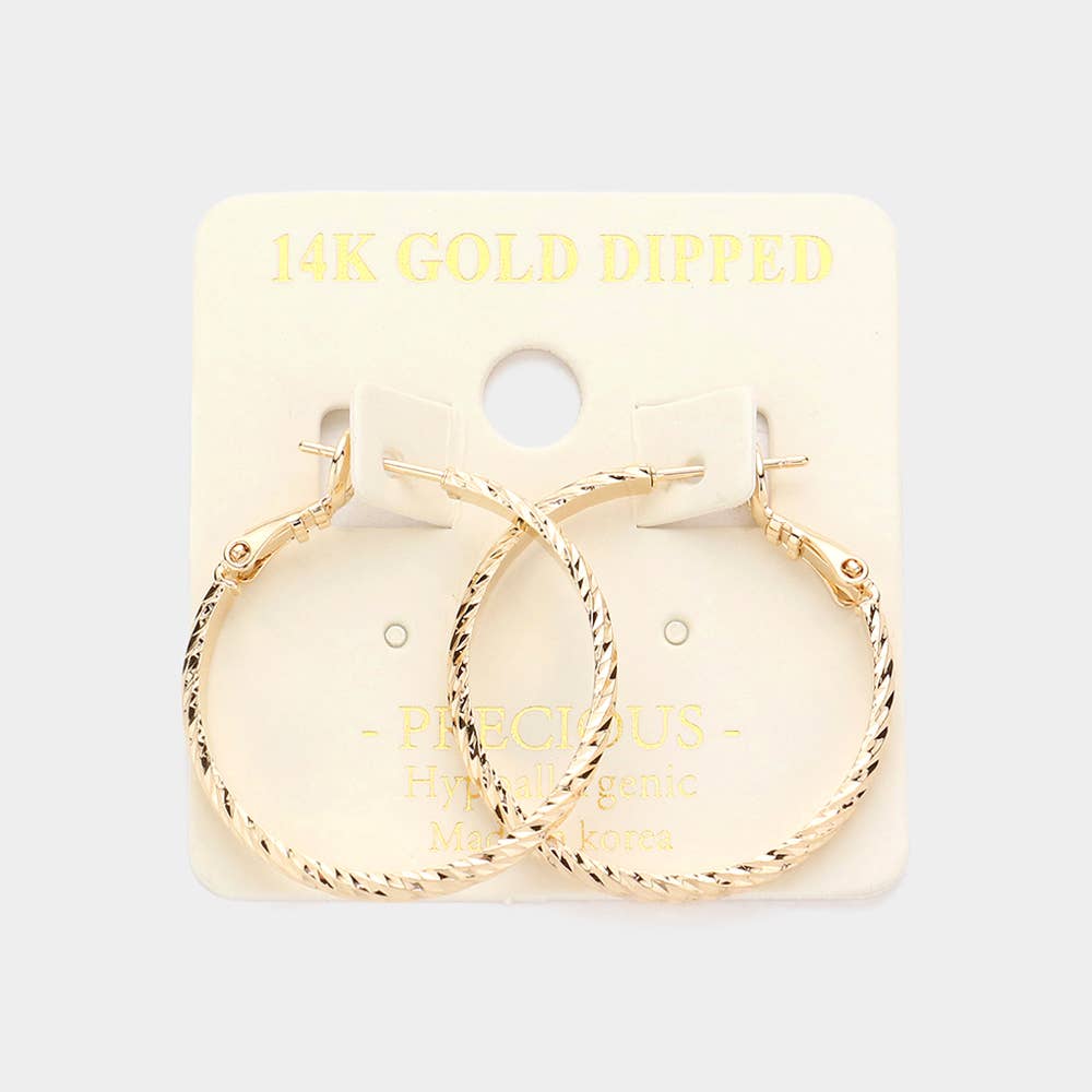 14K Gold Dipped 1.25 Inch Textured Metal Hoop Earrings: Gold