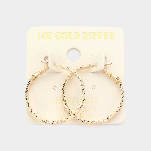 14K Gold Dipped 1.25 Inch Textured Metal Hoop Earrings: Gold