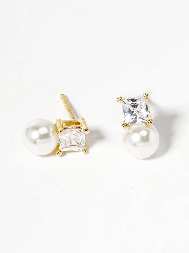 White Gold CZ Stone Pearl Drop Stud Earrings: Gold