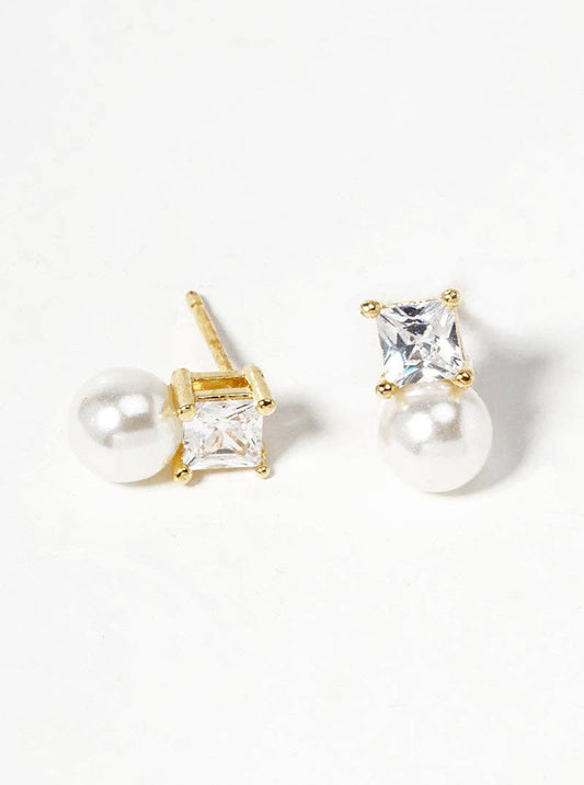 White Gold CZ Stone Pearl Drop Stud Earrings: Gold