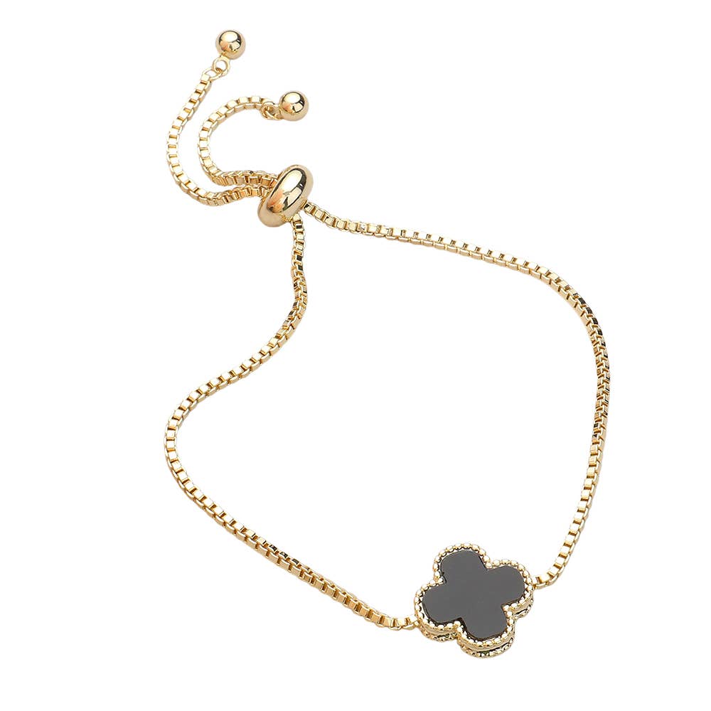 Natural Stone Quatrefoil Cluster Pointed Adjustable Bracelet: Black