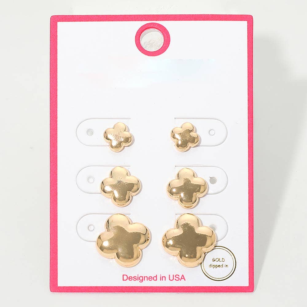 3Pairs - Gold Dipped Metal Quatrefoil Stud Earring Set: Rhodium