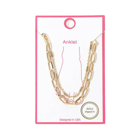 Gold Dipped Bar Paperclip Layered Chain Anklet: Gold