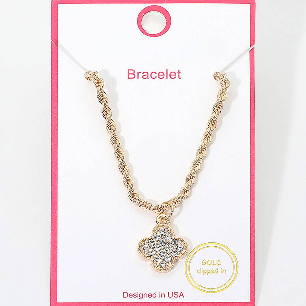 Gold Dipped Rhinestone Pave Quatrefoil Charm Twisted Chain Bracelet: Clear,Gold