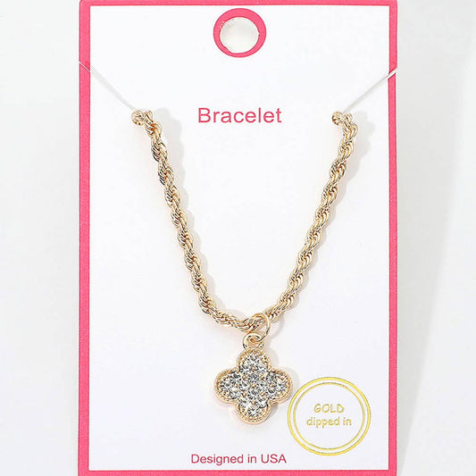 Gold Dipped Rhinestone Pave Quatrefoil Charm Twisted Chain Bracelet: Clear,Gold