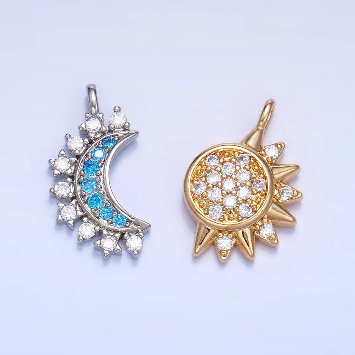 24K Gold Filled Celestial Sun Crescent Moon Micro Paved CZ Pendant Set | AG829
