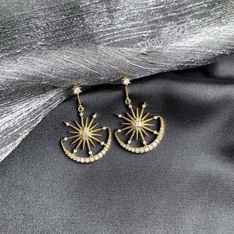 Sun Moon Rhinestone Earrings E5498: Gold