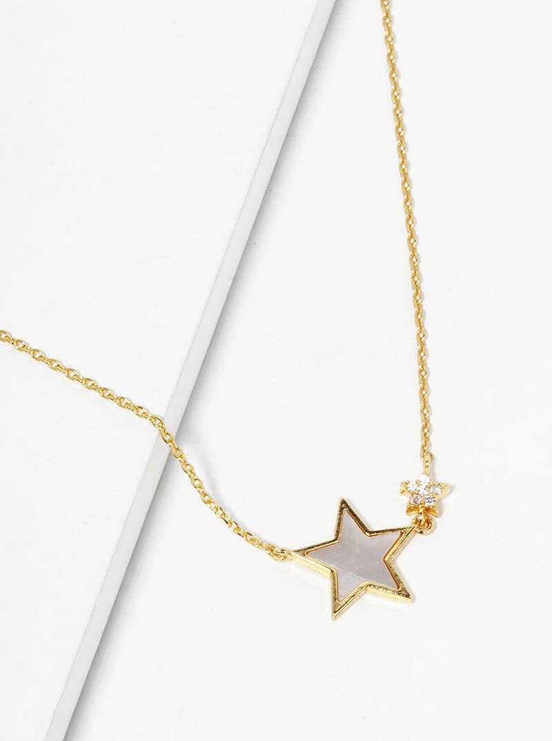 White Gold CZ MOP Double Star Pendant Necklace: Gold