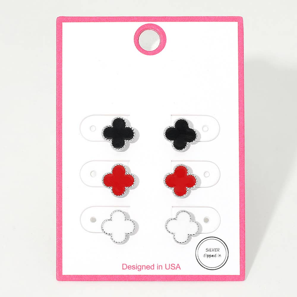 3Pairs - Gold Dipped Quatrefoil Stud Earring Set: Gold,Multi