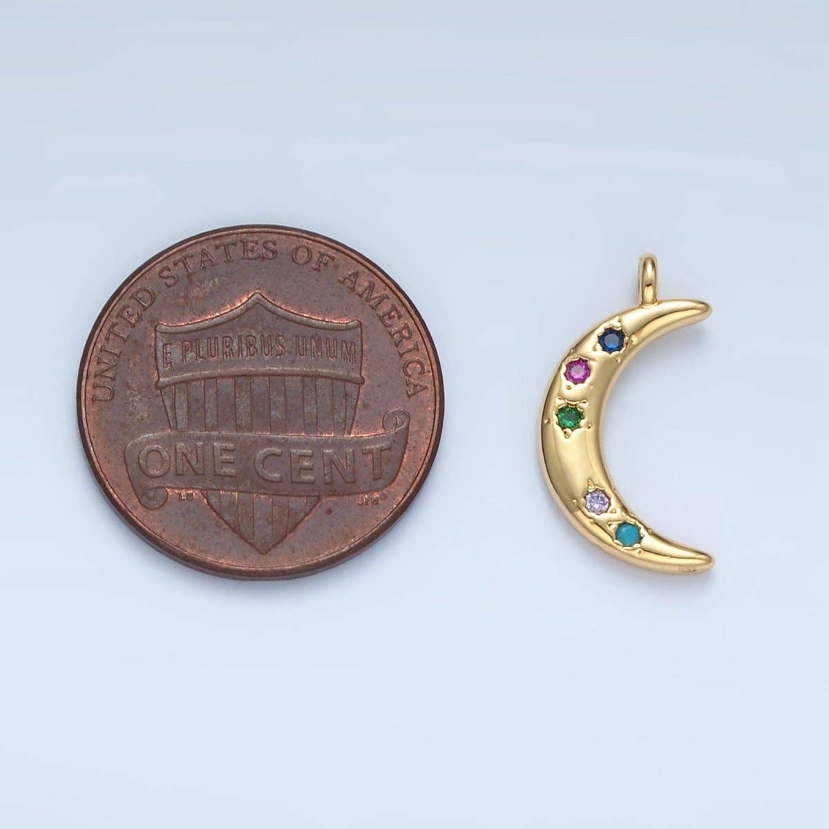 24K Gold Filled Multicolor CZ Celestial Crescent Moon Charm | E375