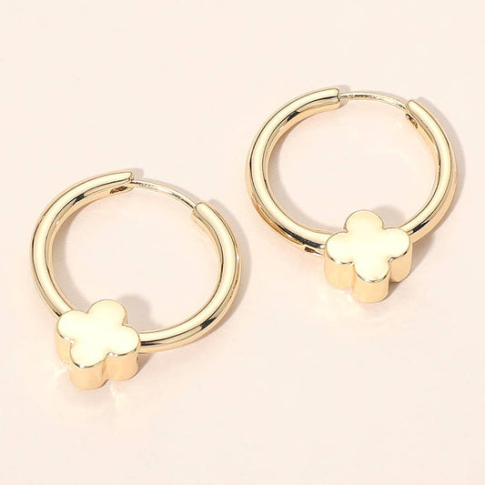 Gold Dipped Quatrefoil Accent Huggie Hoop Earrings: Gold